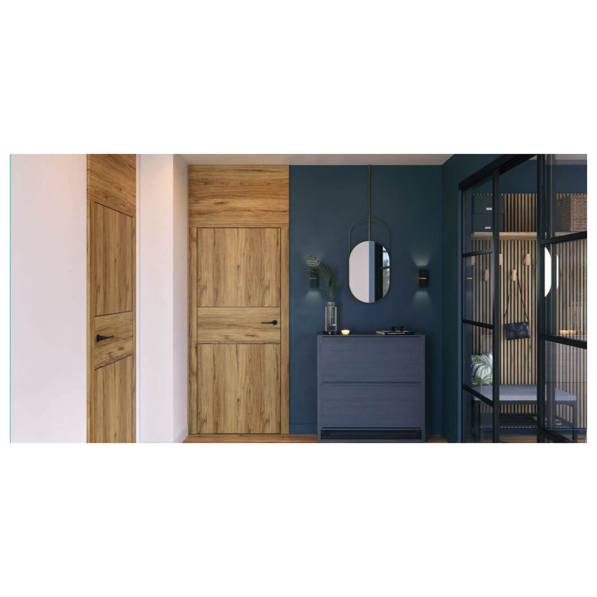 Porte intérieure LEVEL aspect bois à panneaux, dans une entrée au mur bleu.