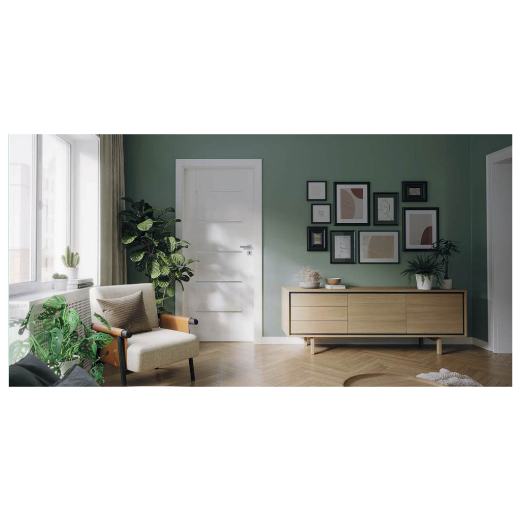 Porte intérieure VERTE PREMIUM groupe E blanche, dans un salon au mur vert.