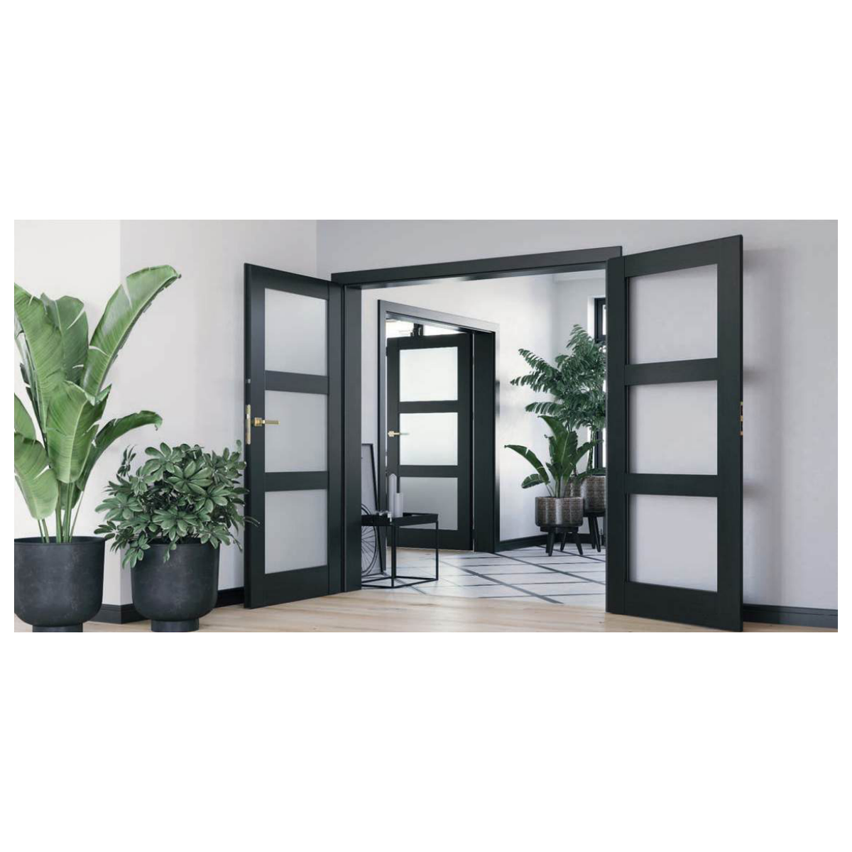 Portes intérieures NATURE GRANDE noires à vitrages, ouvertes entre deux pièces.