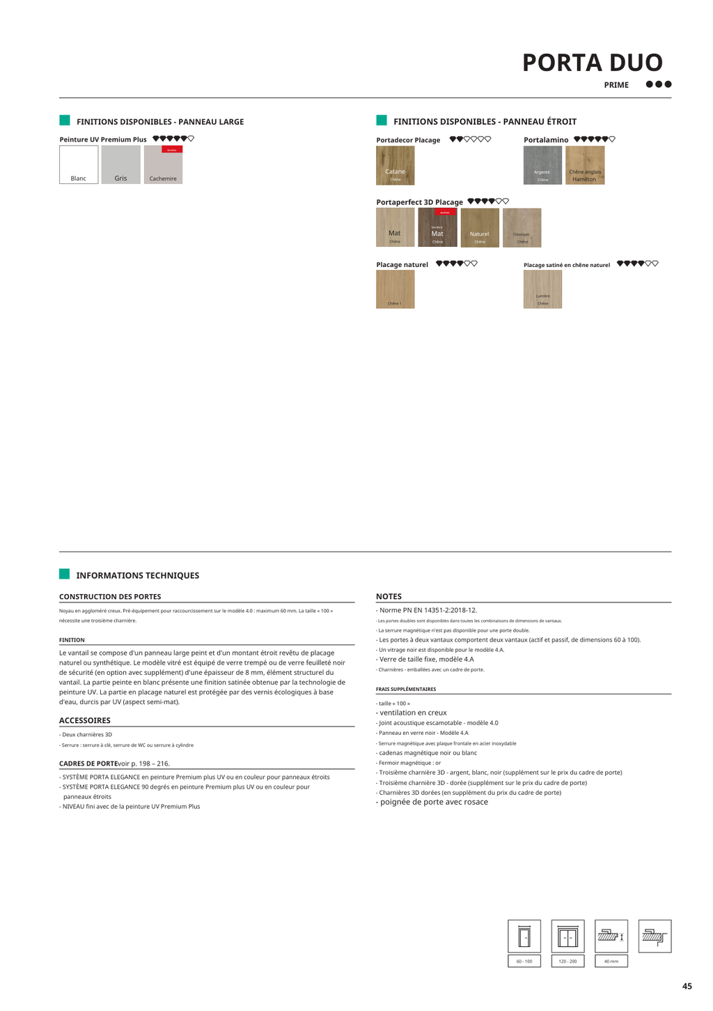 Fiche catalogue de la porte DUO : caractéristiques et options.