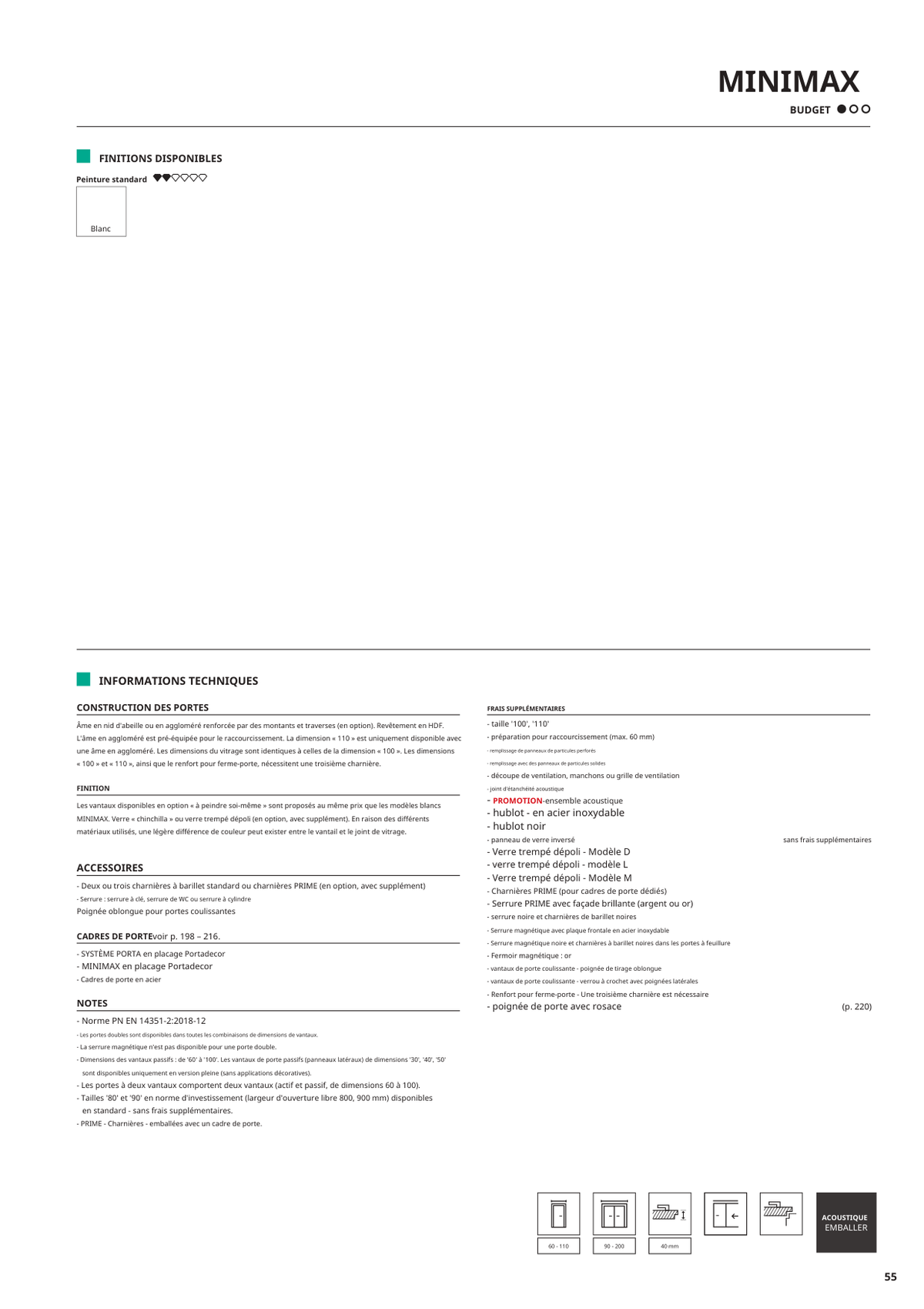 Fiche catalogue de la porte MINIMAX : caractéristiques et options.