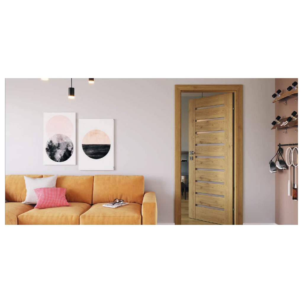 Porte intérieure CONCEPT groupe A aspect bois à panneaux horizontaux, dans un salon.