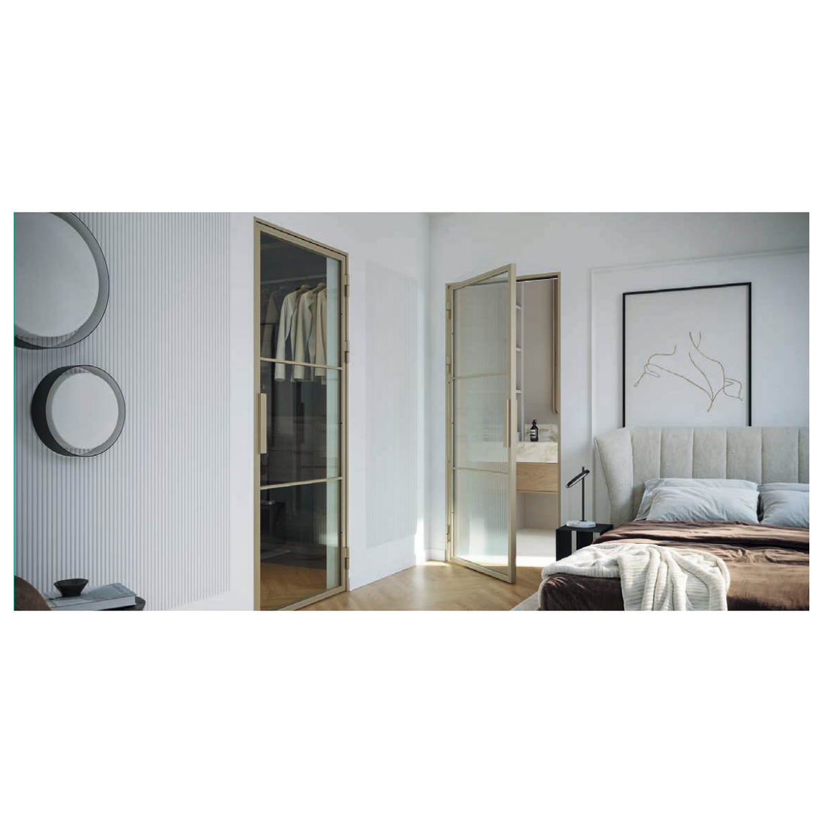 Portes intérieures LOFT STEEL vitrées à encadrements fins, dans une chambre.