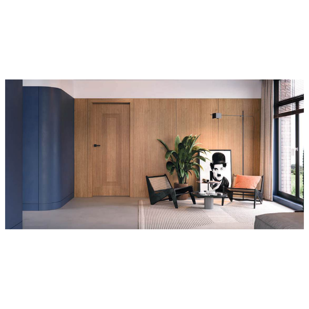 Porte intérieure NATURE VECTOR aspect bois à panneaux, dans un salon.