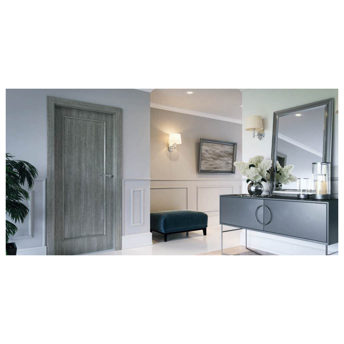 Porte intérieure NOVA groupe 2-5 grise à rainures verticales, dans une salle de bains.
