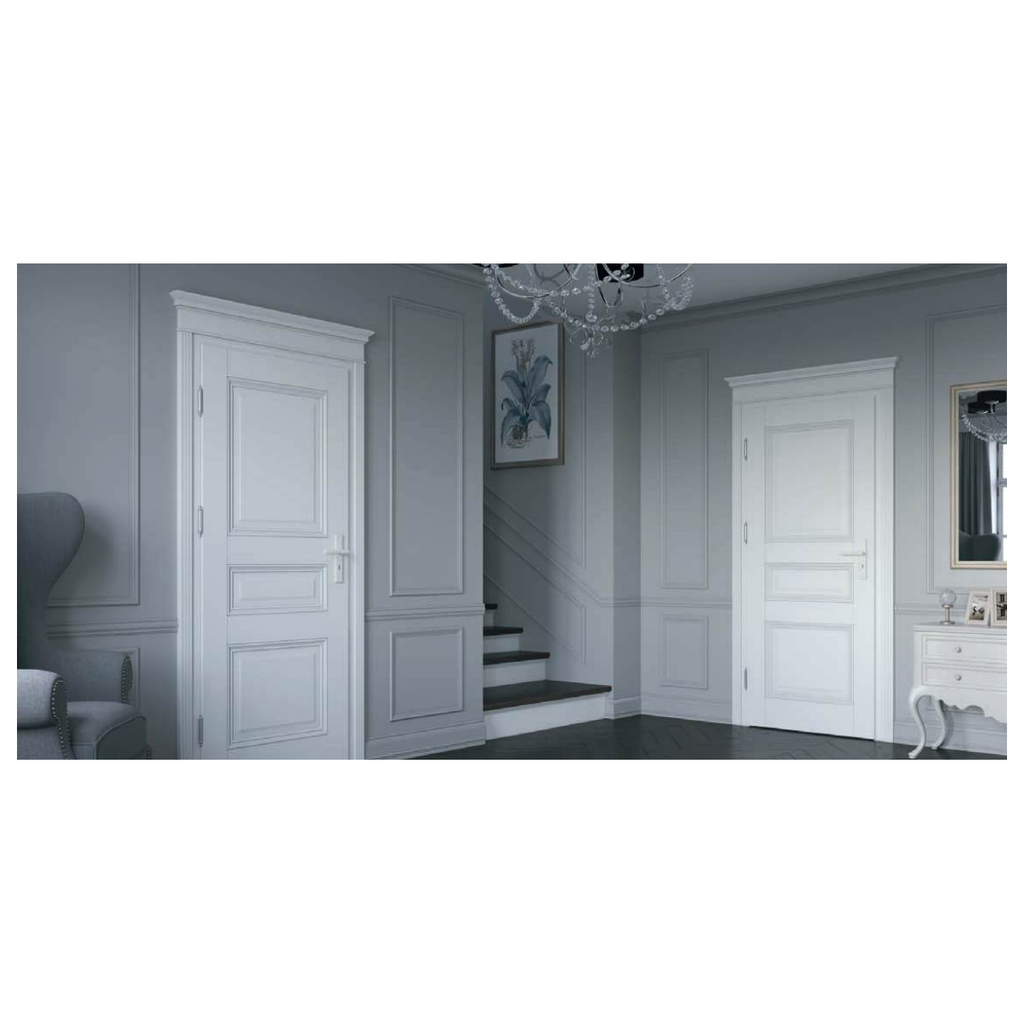 Portes intérieures Villadora RETRO blanches à panneaux moulurés, dans une entrée.