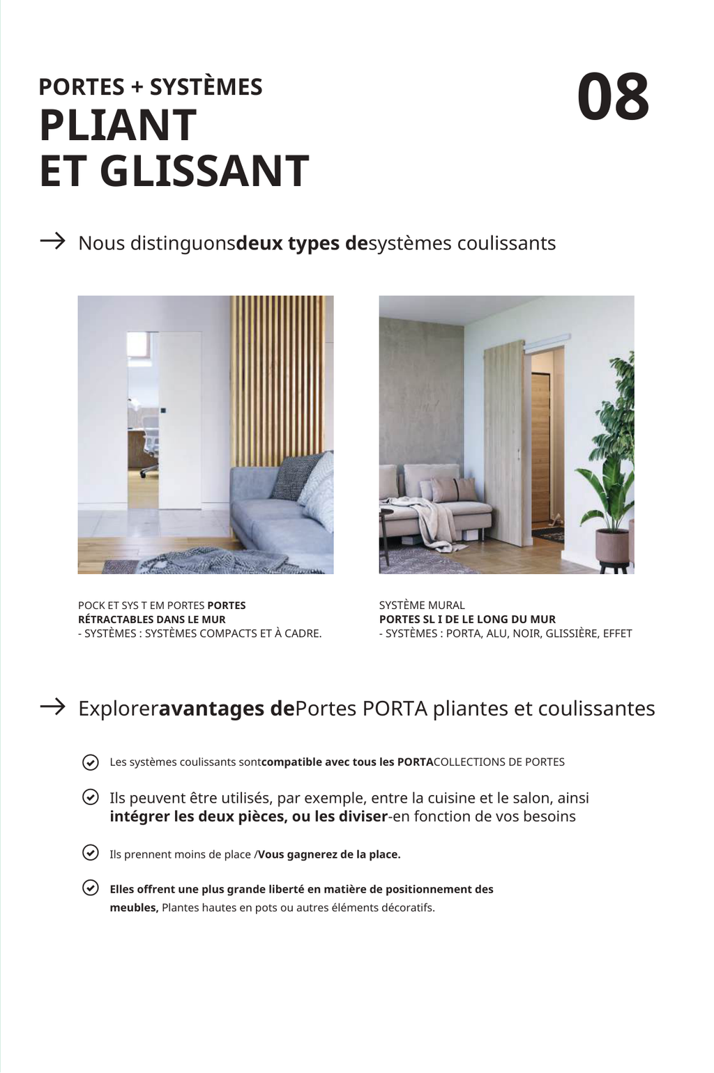 Extrait du catalogue présentant les systèmes de portes intérieures pliantes et coulissantes.