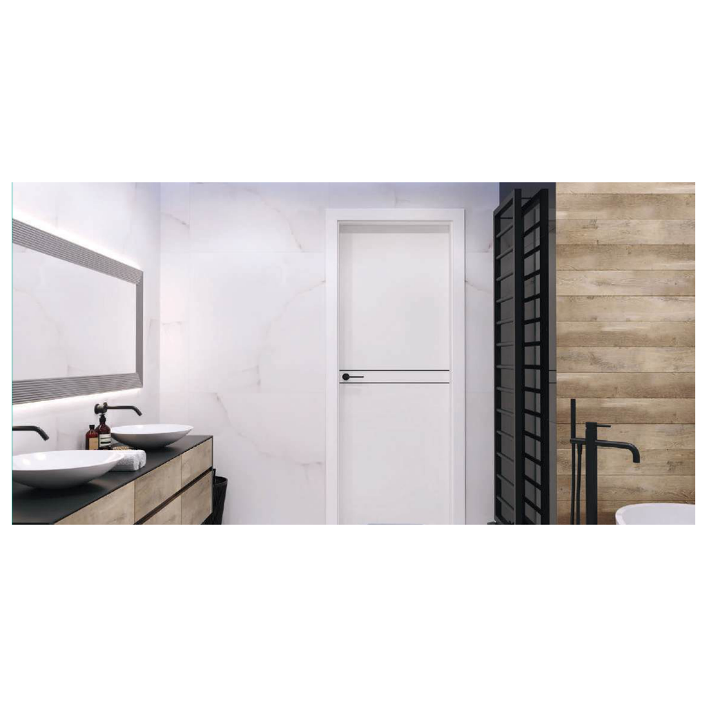 Porte intérieure DESIRE blanche à motifs rectangulaires, dans une salle de bains.