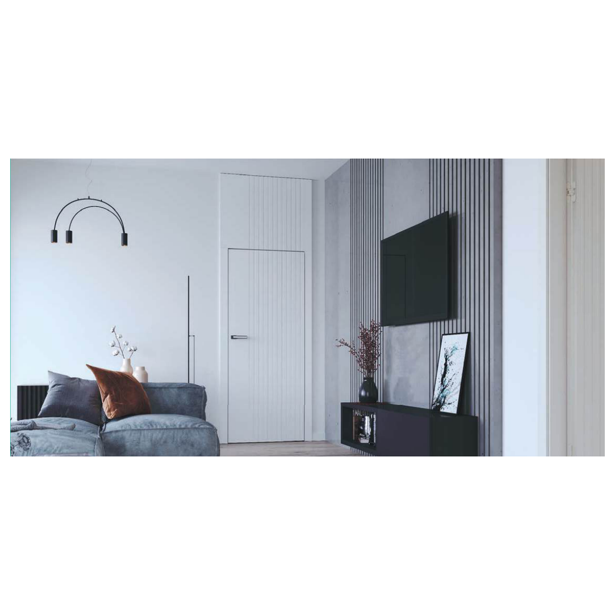 Porte intérieure 4 Elements WATER grise, présentée dans un salon.
