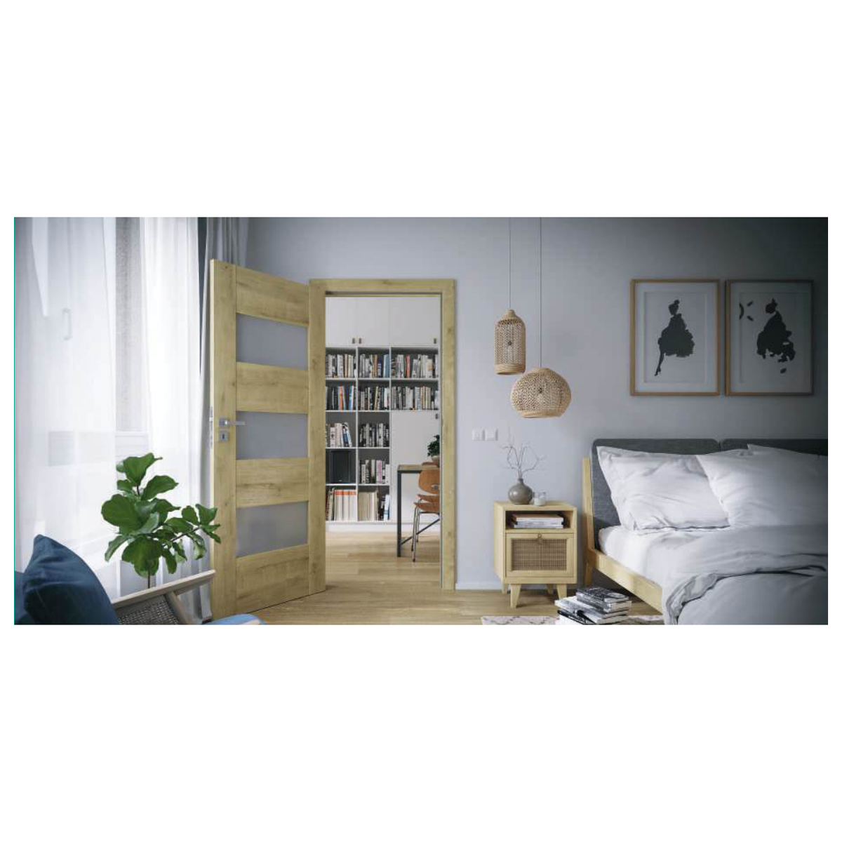 Porte intérieure CONCEPT groupe H et K aspect bois, ouverte dans une chambre.