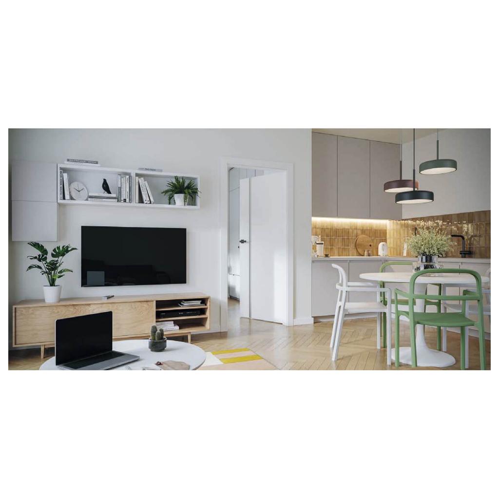 Porte intérieure FOCUS Premium blanche, dans un séjour avec cuisine ouverte.