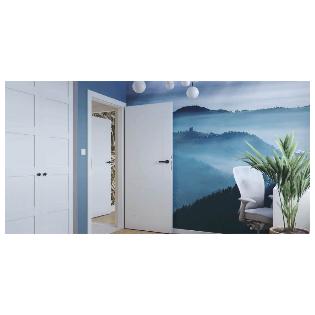 Porte intérieure FACTOR blanche ouverte sur une pièce au mur bleu.