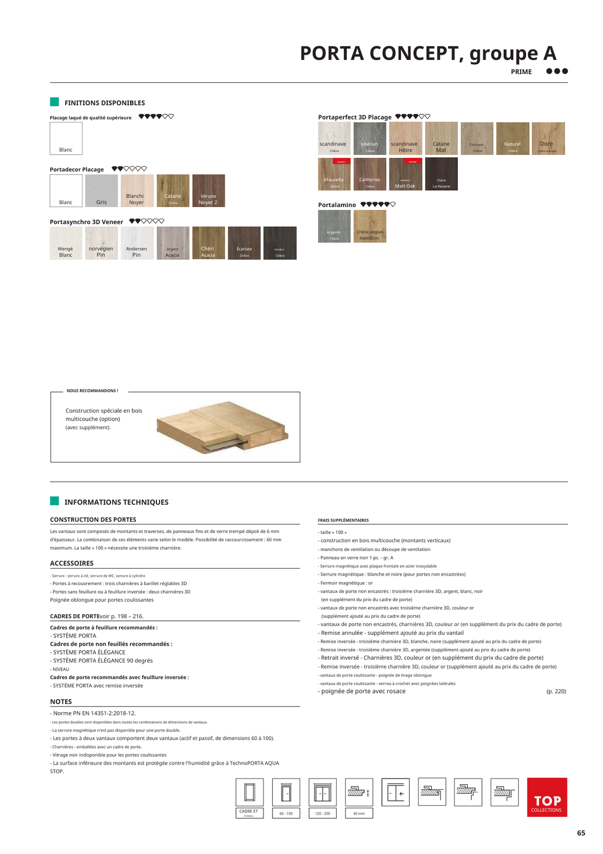 Fiche catalogue de la porte CONCEPT groupe A : caractéristiques et options.