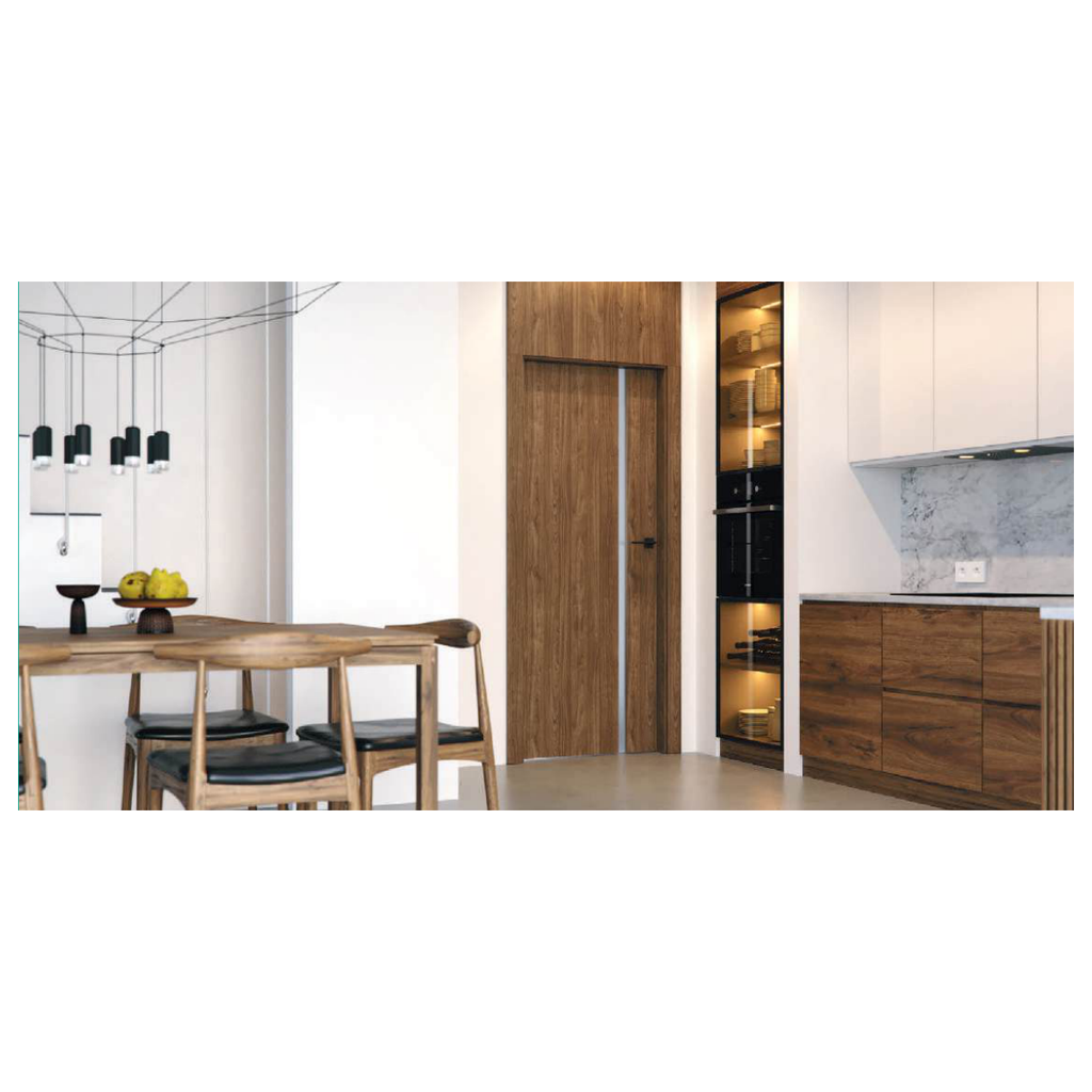 Porte intérieure FOCUS aspect bois avec vitrage vertical, près d'un espace repas.